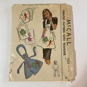 McCalls Vintage 1950's Pattern #1251 Ladies Bib‎ Apron Towels Mitts One Size